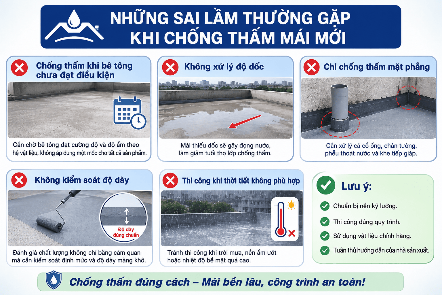 Những sai lầm thường gặp khi chống thấm mái mới