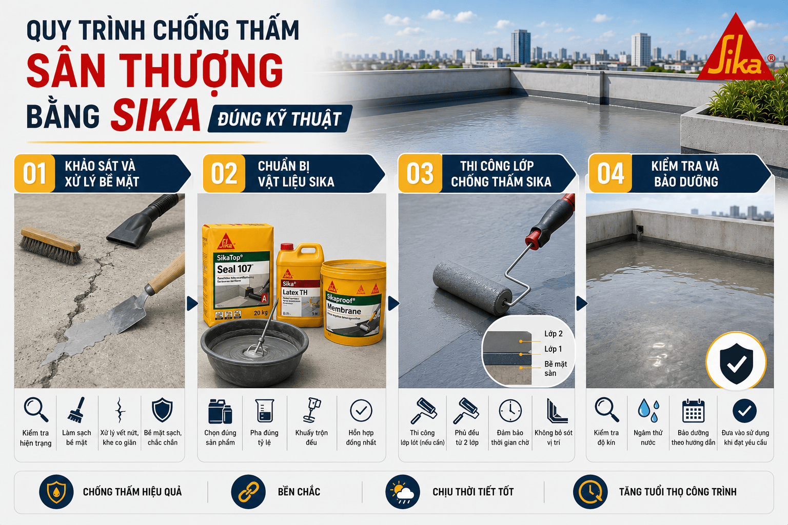Quy trình chống thấm sân thượng bằng Sika đúng kỹ thuật