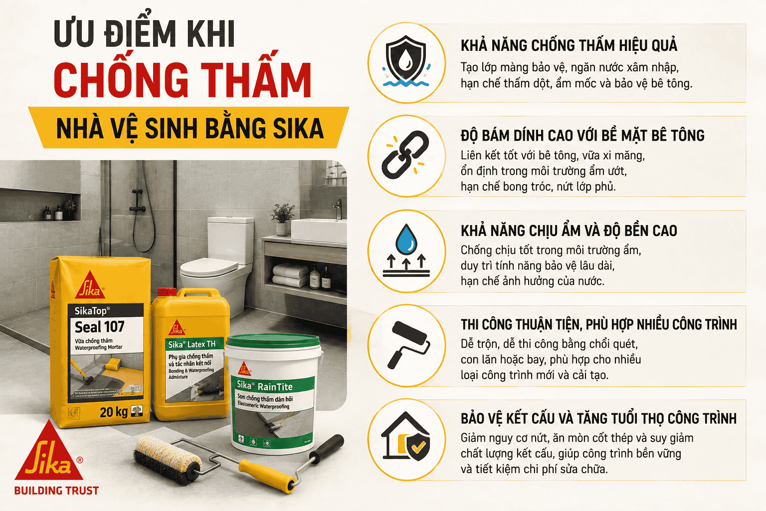 Ưu điểm khi chống thấm nhà vệ sinh bằng Sika