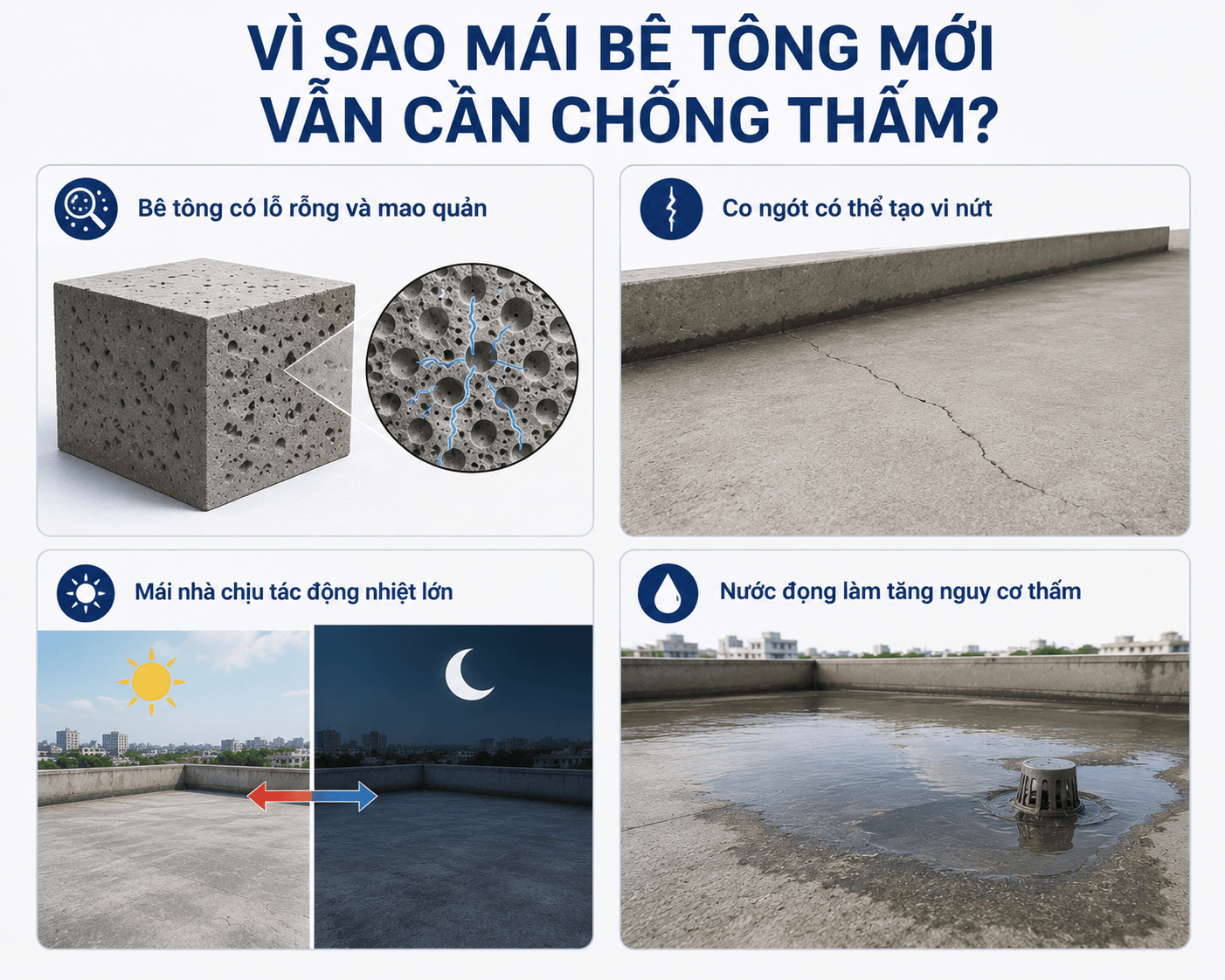 Vì sao mái bê tông mới vẫn cần chống thấm?