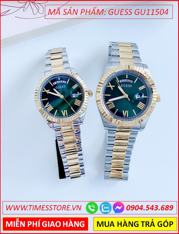 dong-ho-cap-doi-guess-tua-rolex-mat-xanh-day-demi-vang-gold-timesstore-vn