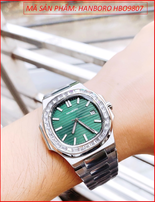 dong-ho-nam-hanboro-tua-patek-philip-mat-xanh-la-day-kim-loai-timesstore-vn