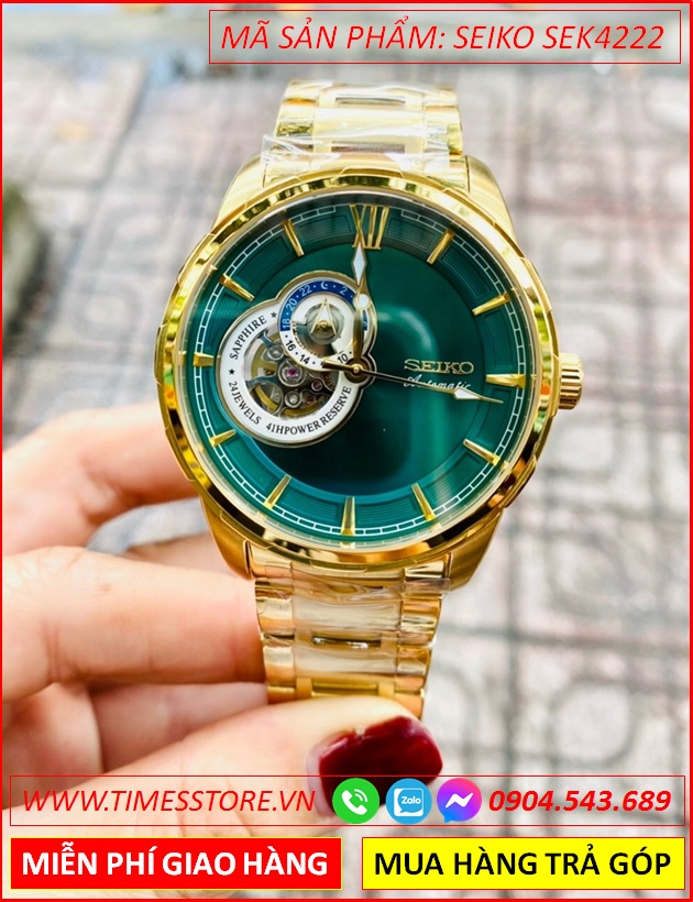 dong-ho-nam-seiko-automatic-mat-tron-xanh-la-lo-tim-day-vang-gold-timesstore-vn