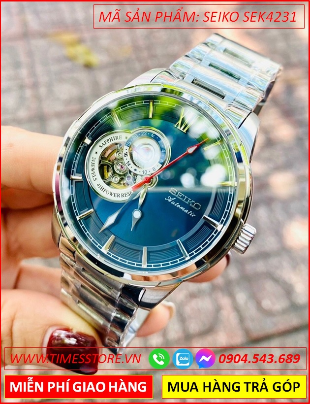 dong-ho-nam-seiko-automatic-mat-xanh-duong-lo-tim-day-kim-loai-timesstore-vn