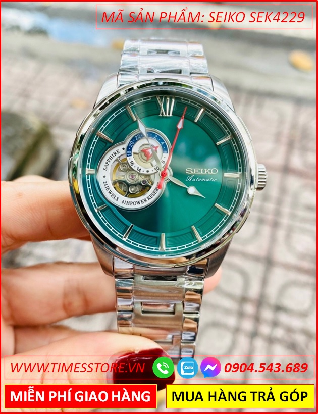 dong-ho-nam-seiko-automatic-mat-xanh-la-lo-tim-day-kim-loai-timesstore-vn