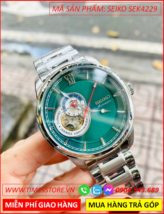 dong-ho-nam-seiko-automatic-mat-xanh-la-lo-tim-day-kim-loai-timesstore-vn