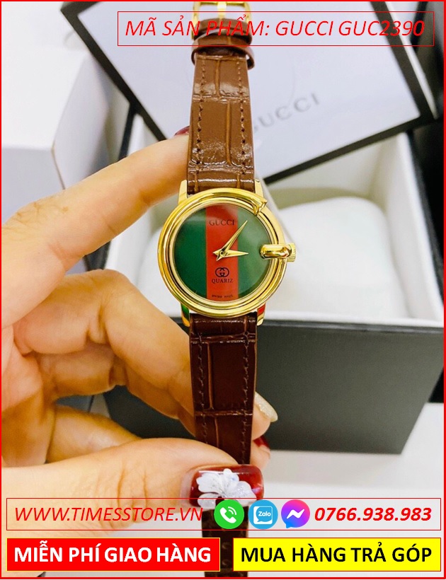 dong-ho-nu-gucci-mat-tron-xanh-do-vang-gold-day-da-nau-timesstore-vn