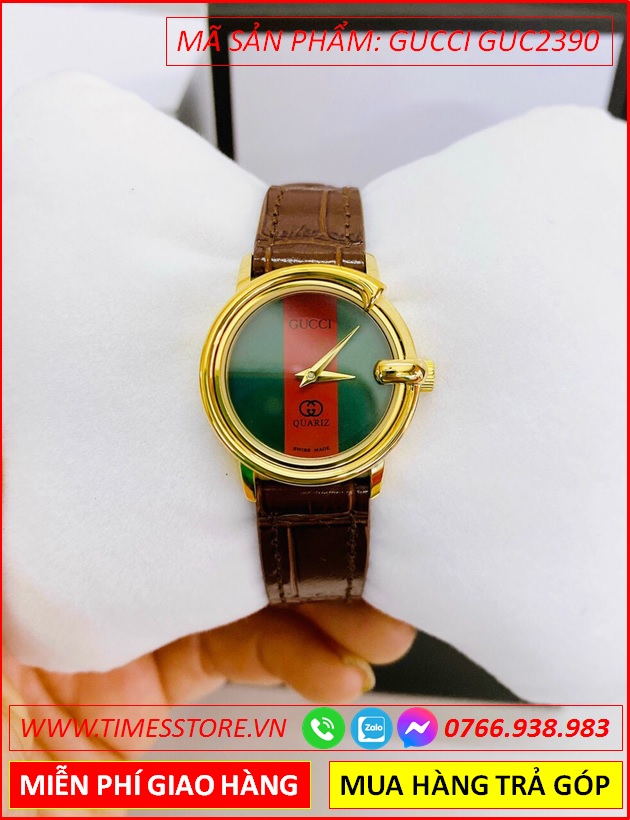 dong-ho-nu-gucci-mat-tron-xanh-do-vang-gold-day-da-nau-timesstore-vn