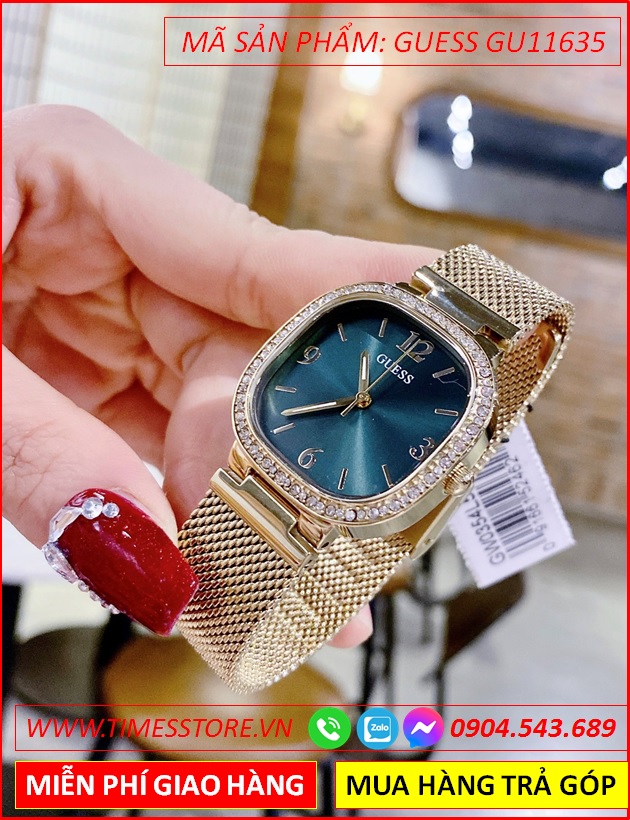 dong-ho-nu-guess-mat-vuong-xanh-la-day-mesh-luoi-vang-gold-timesstore-vn