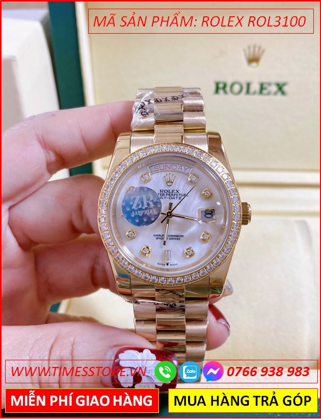 dong-ho-nu-rolex-f1-automatic-2-lich-mat-trang-day-vang-gold-timesstore-vn