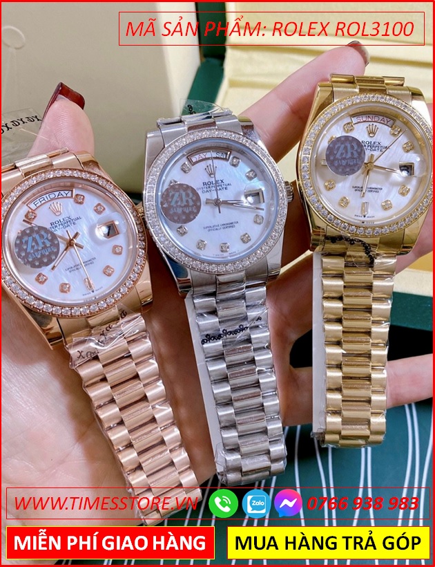 dong-ho-nu-rolex-f1-automatic-2-lich-mat-trang-day-vang-gold-timesstore-vn