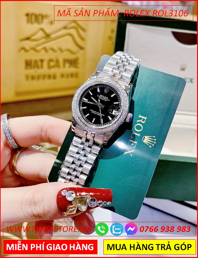 dong-ho-nu-rolex-f1-automatic-datejust-mat-den-dinh-da-day-kim-loai-timesstore-vn