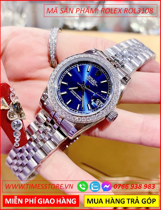 dong-ho-nu-rolex-f1-automatic-datejust-mat-xanh-dinh-da-day-kim-loai-timesstore-vn