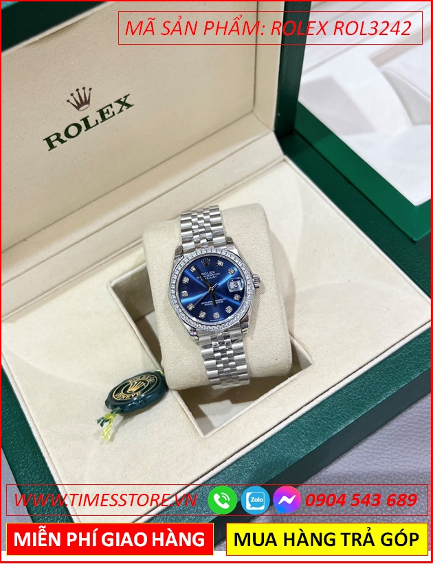 dong-ho-nu-rolex-f1-automatic-mat-xanh-dinh-da-day-kim-loai-timesstore-vn