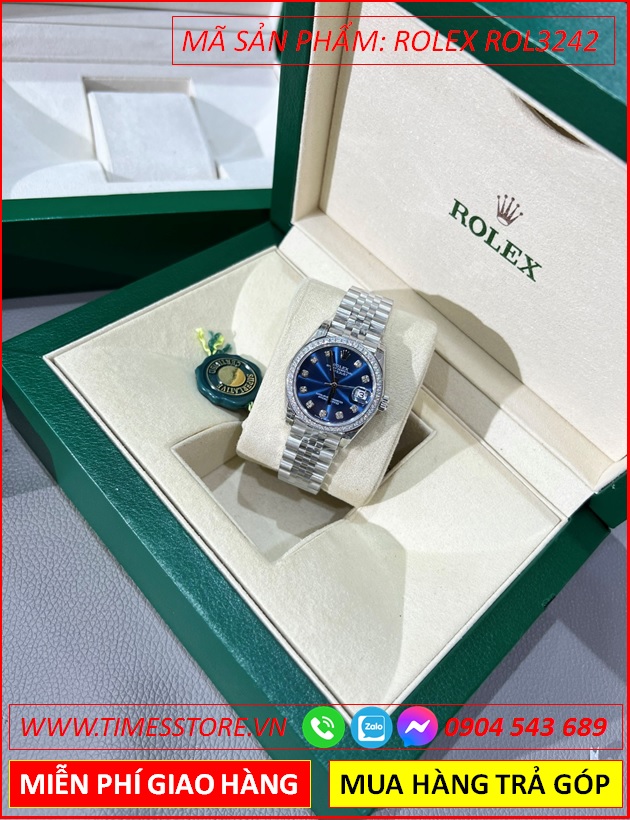 dong-ho-nu-rolex-f1-automatic-mat-xanh-dinh-da-day-kim-loai-timesstore-vn