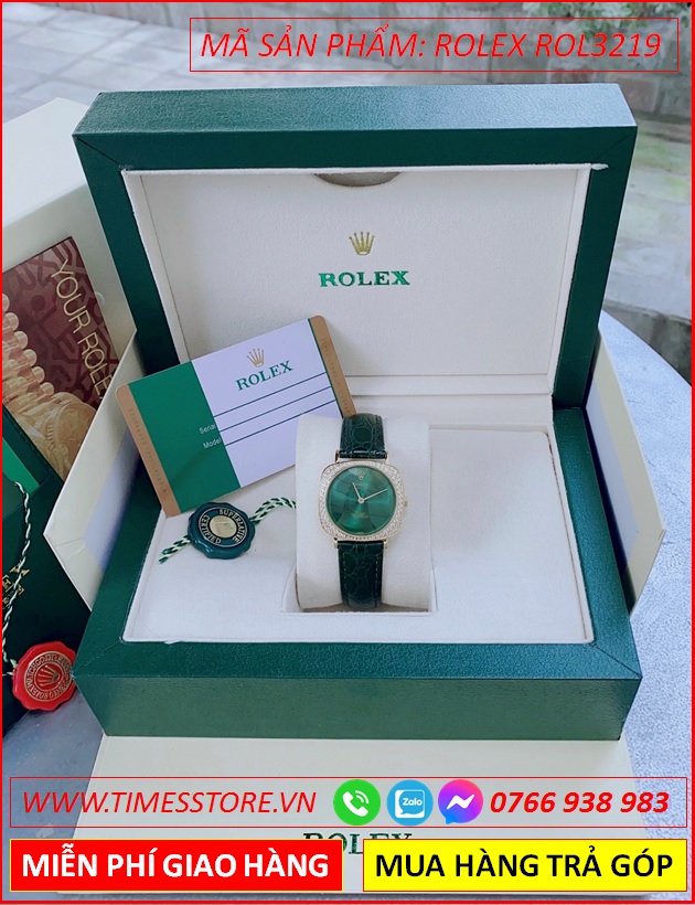 dong-ho-nu-rolex-f1-cellini-mat-vuong-dinh-da-day-xanh-la-timesstore-vn