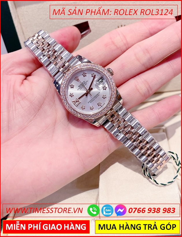 dong-ho-nu-rolex-f1-datejust-automatic-mat-trang-dinh-da-day-demi-timesstore-vn