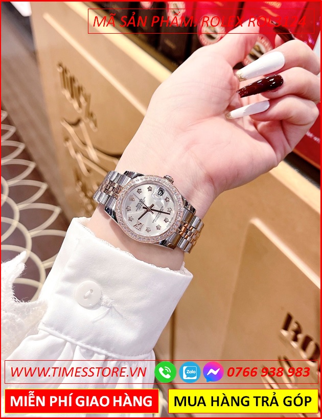 dong-ho-nu-rolex-f1-datejust-automatic-mat-trang-dinh-da-day-demi-timesstore-vn