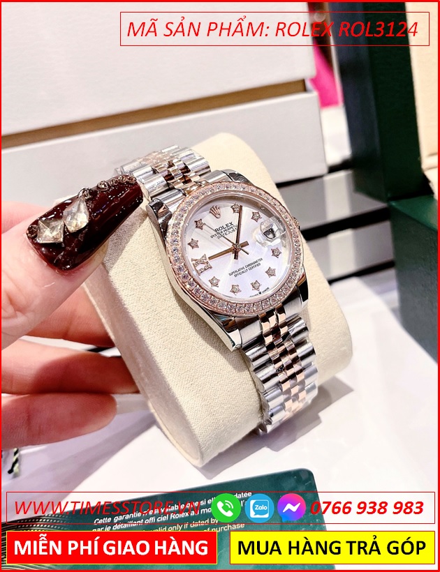 dong-ho-nu-rolex-f1-datejust-automatic-mat-trang-dinh-da-day-demi-timesstore-vn