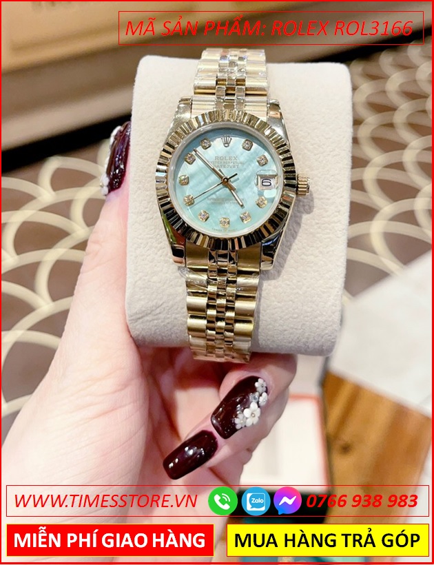 dong-ho-nu-rolex-f1-mat-xanh-ngoc-nieng-khia-day-vang-gold-timesstore-vn