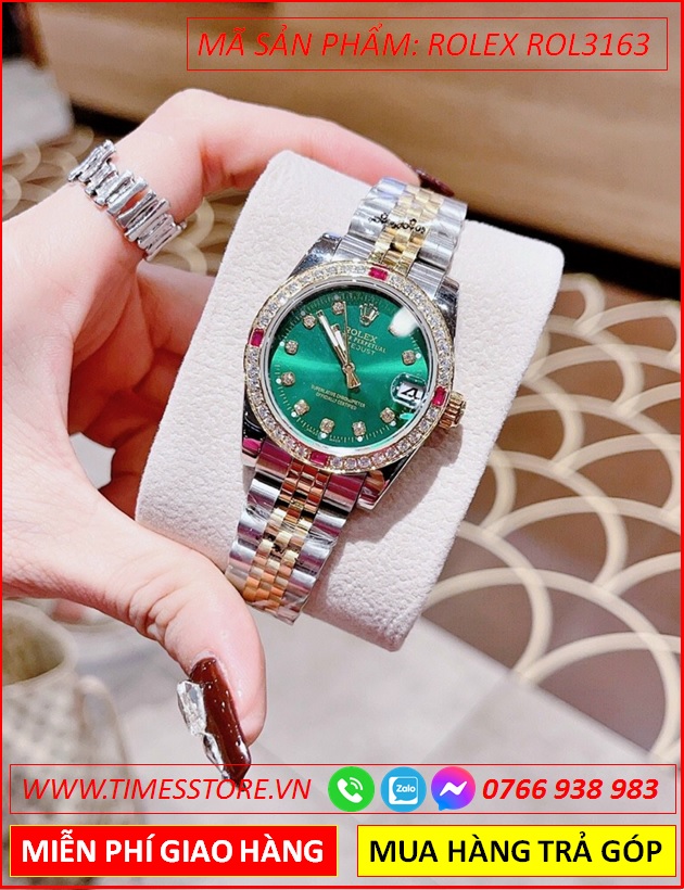 dong-ho-nu-rolex-f1-oyster-datejust-mat-xanh-la-day-demi-timesstore-vn