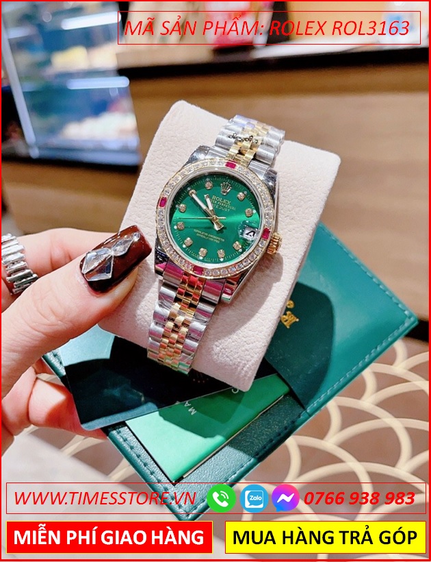 dong-ho-nu-rolex-f1-oyster-datejust-mat-xanh-la-day-demi-timesstore-vn