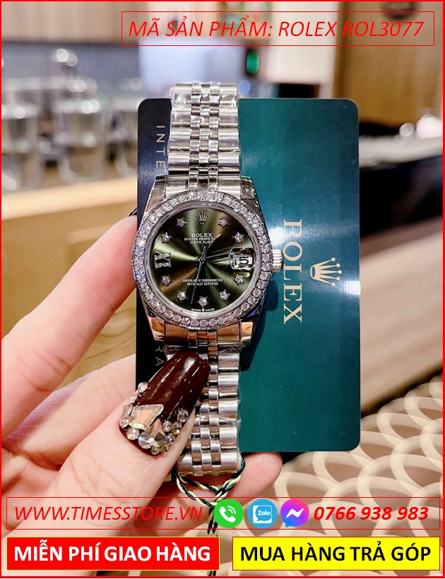 dong-ho-nu-rolex-lady-date-just-f1-automatic-mat-xanh-day-kim-loai-timesstore-vn