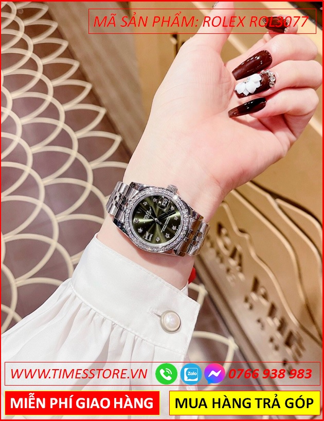 dong-ho-nu-rolex-lady-date-just-f1-automatic-mat-xanh-day-kim-loai-timesstore-vn