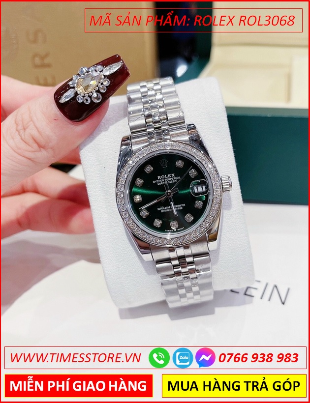 dong-ho-nu-rolex-lady-datejust-f1-mat-xanh-la-day-kim-loai-timesstore-vn