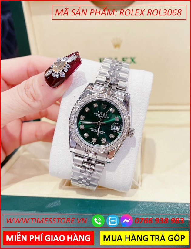 dong-ho-nu-rolex-lady-datejust-f1-mat-xanh-la-day-kim-loai-timesstore-vn