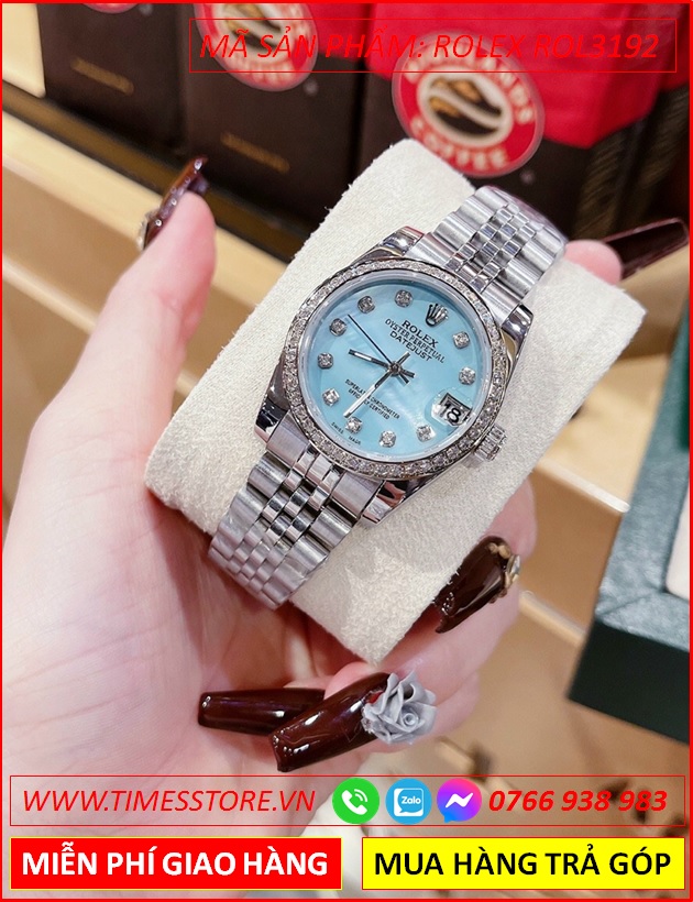 dong-ho-nu-rolex-mat-xanh-dinh-da-day-kim-loai-timesstore-vn