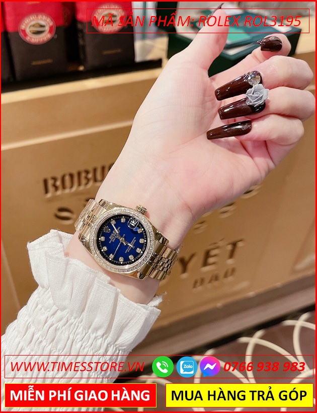 dong-ho-nu-rolex-mat-xanh-dinh-da-day-vang-gold-timesstore-vn