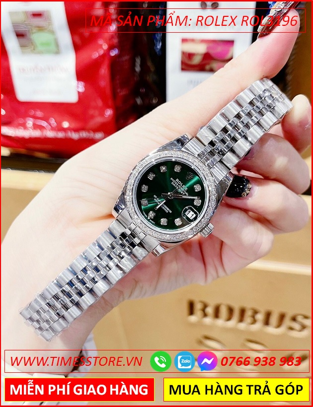 dong-ho-nu-rolex-mat-xanh-la-dinh-da-day-kim-loai-timesstore-vn