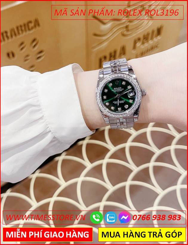 dong-ho-nu-rolex-mat-xanh-la-dinh-da-day-kim-loai-timesstore-vn