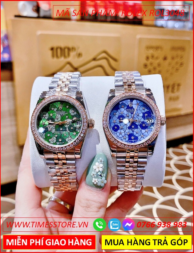 dong-ho-nu-rolex-season-sieu-cap-replica-1-1-mat-bong-hoa-xanh-la-day-demi-rose-gold-timesstore-vn