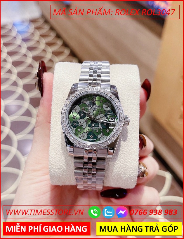 dong-ho-nu-rolex-season-sieu-cap-replica-1-1-mat-bong-hoa-xanh-la-day-kim-loai-timesstore-vn