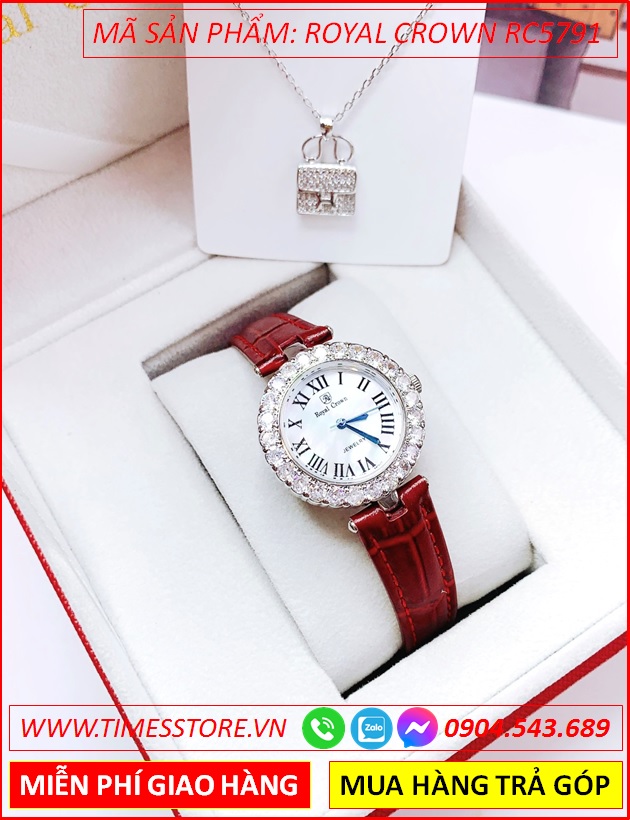 dong-ho-nu-royal-crown-tua-cartier-dinh-da-zirconia-day-da-do-timesstore-vn