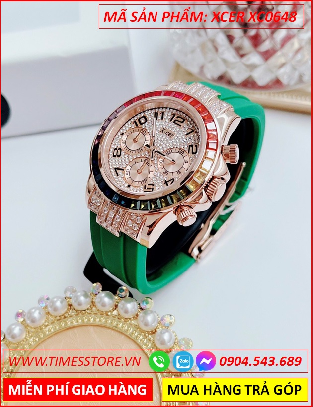 dong-ho-nu-xcer-tua-rolex-dinh-da-nhieu-mau-rose-gold-day-cao-su-xanh-timesstore-vn