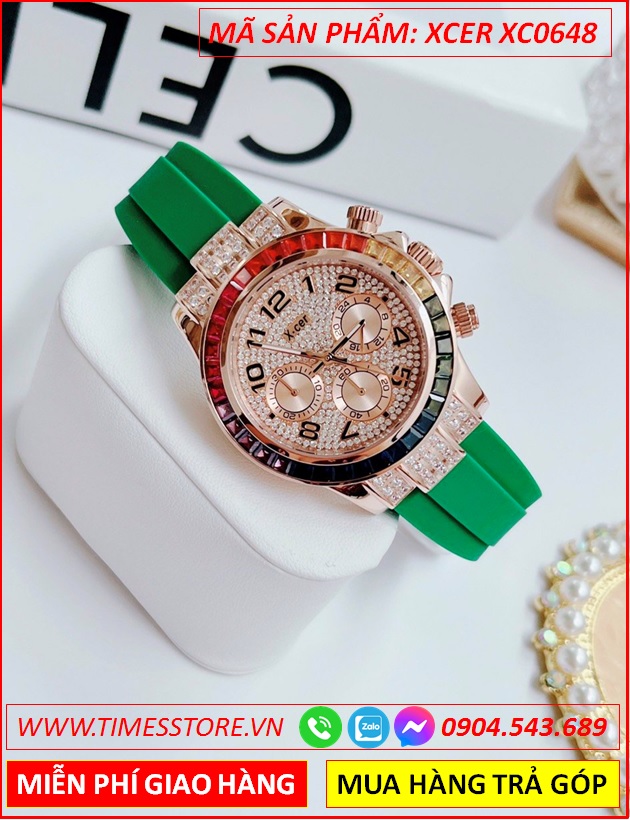 dong-ho-nu-xcer-tua-rolex-dinh-da-nhieu-mau-rose-gold-day-cao-su-xanh-timesstore-vn