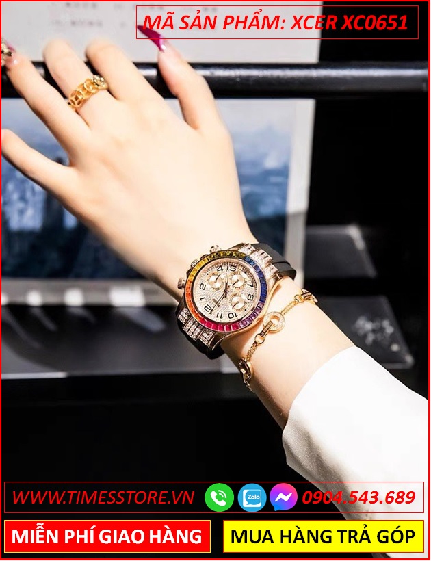 dong-ho-nu-xcer-tua-rolex-dinh-da-nhieu-mau-rose-gold-day-silicone-timesstore-vn