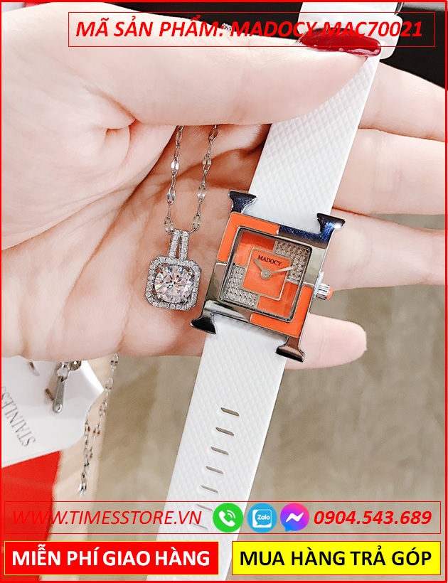 set-dong-ho-nu-madocy-mat-vuong-chia-4-goc-tua-hermes-dinh-da-day-silicone-trang-thoi-trang-dep-timesstore-vn