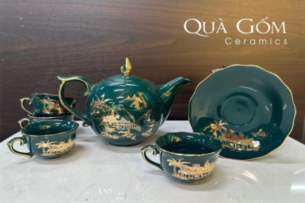 Bộ bình tách trà mẫu đơn men xanh