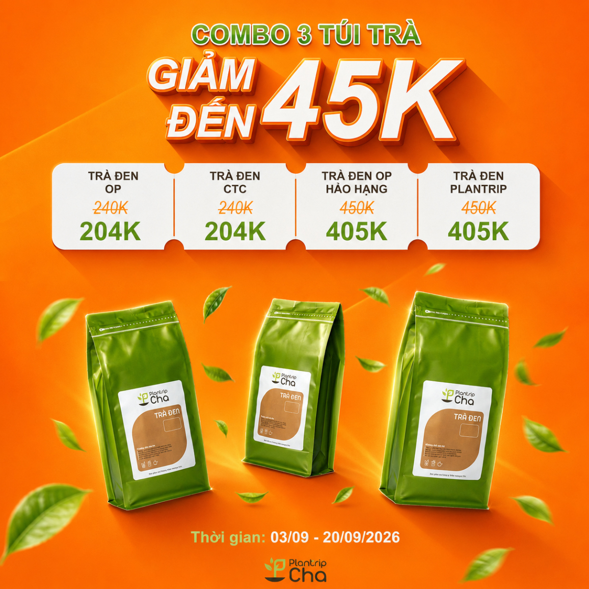 Combo 3 túi trà 500gr giảm đến 45k.