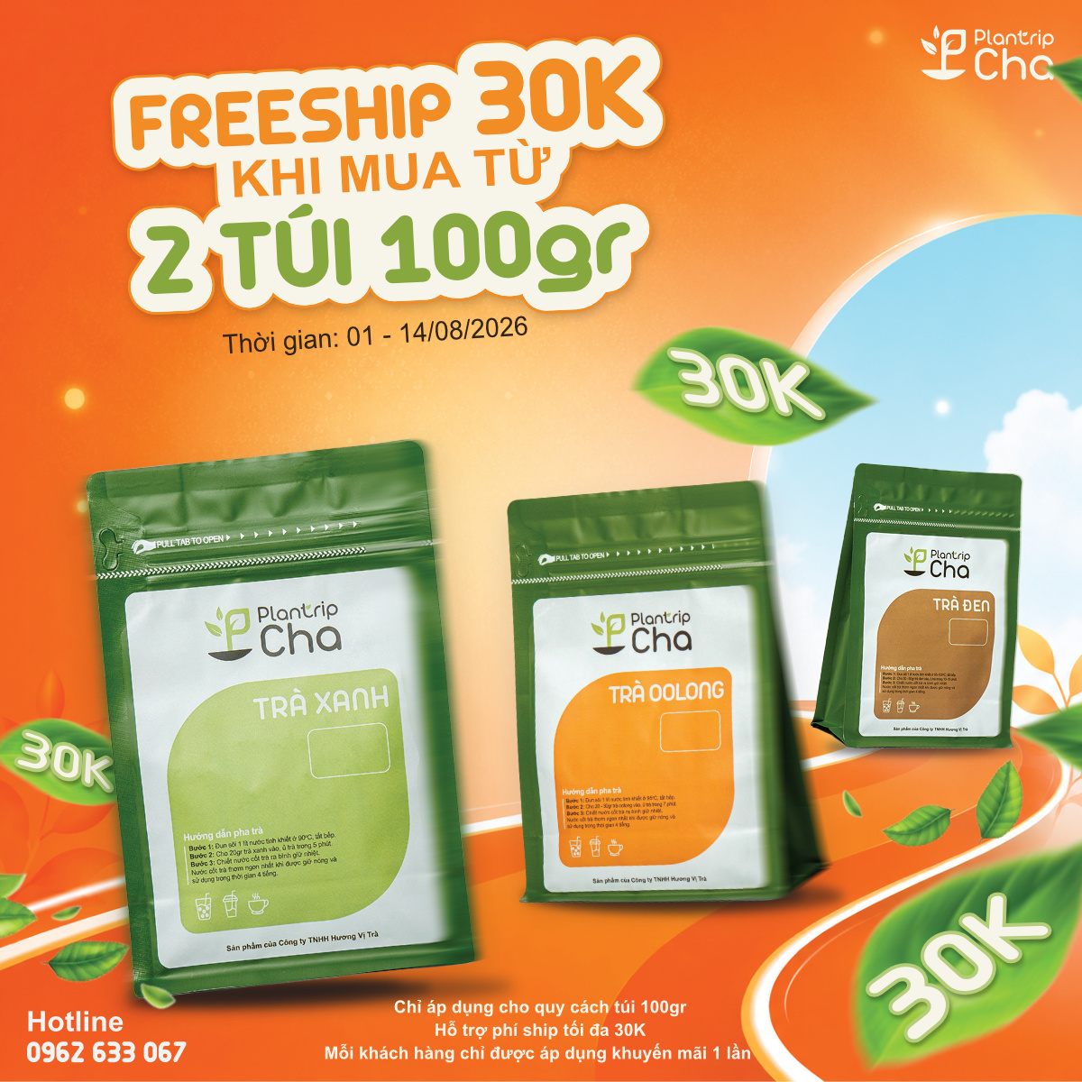 Freeship tối đa 30k hi mua 2 túi trà 100gr.