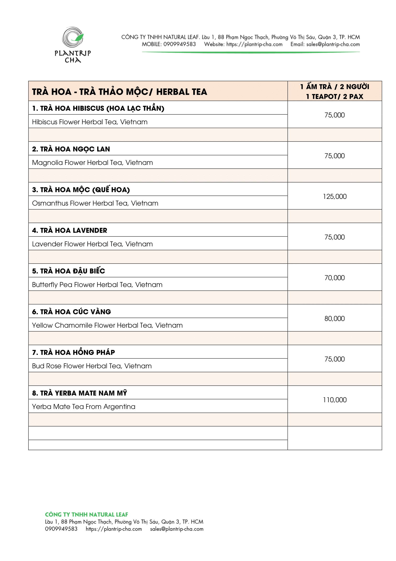 Bảng giá trà hoa & trà thảo mộc - Plantrip Thé Des Arts