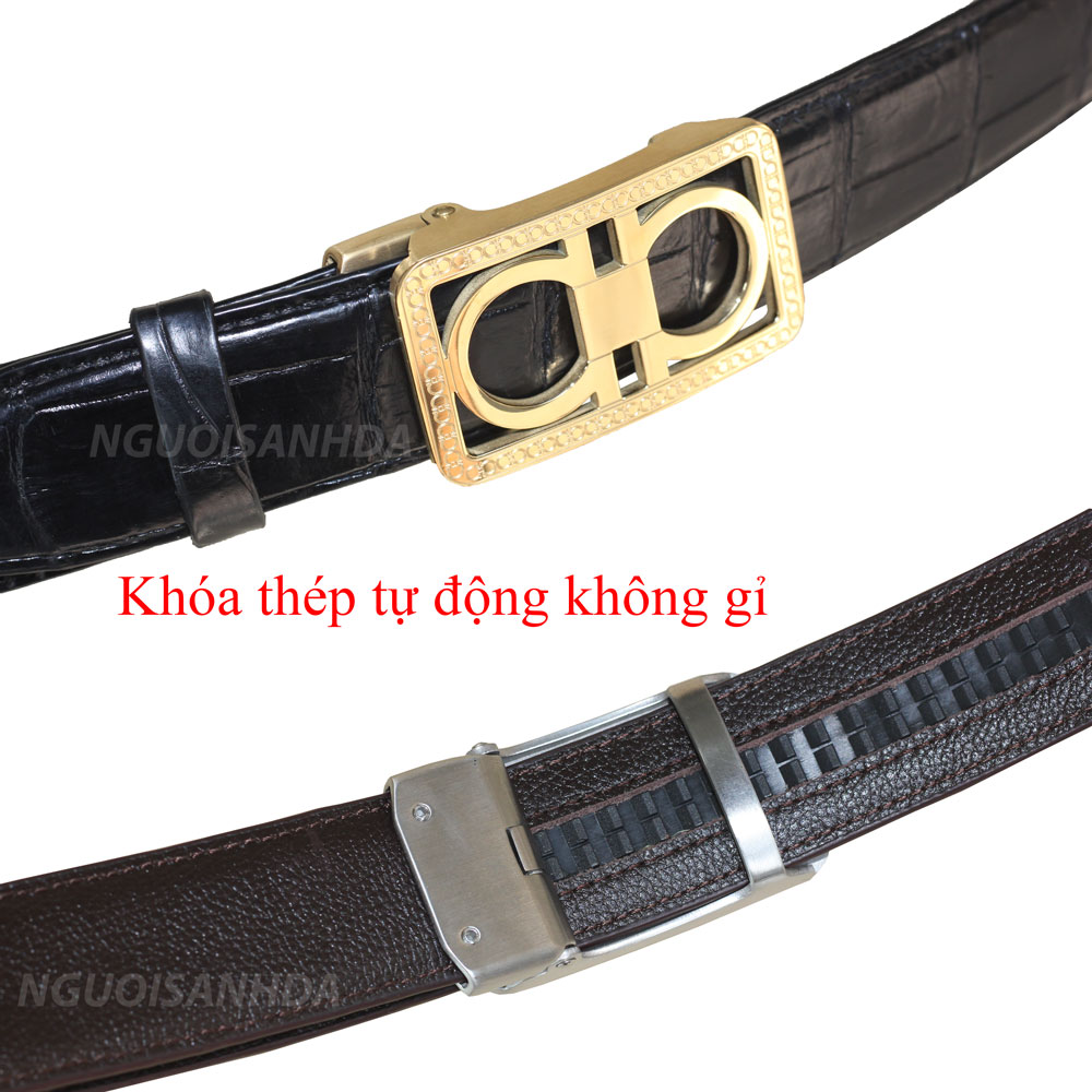 Thắt lưng da bụng cá sấu khóa thép tự động không gỉ