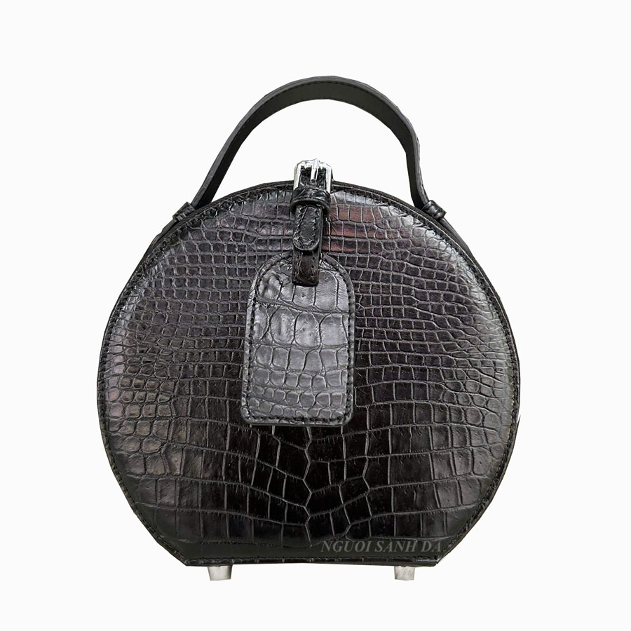 Túi tròn da bụng cá sấu màu đen