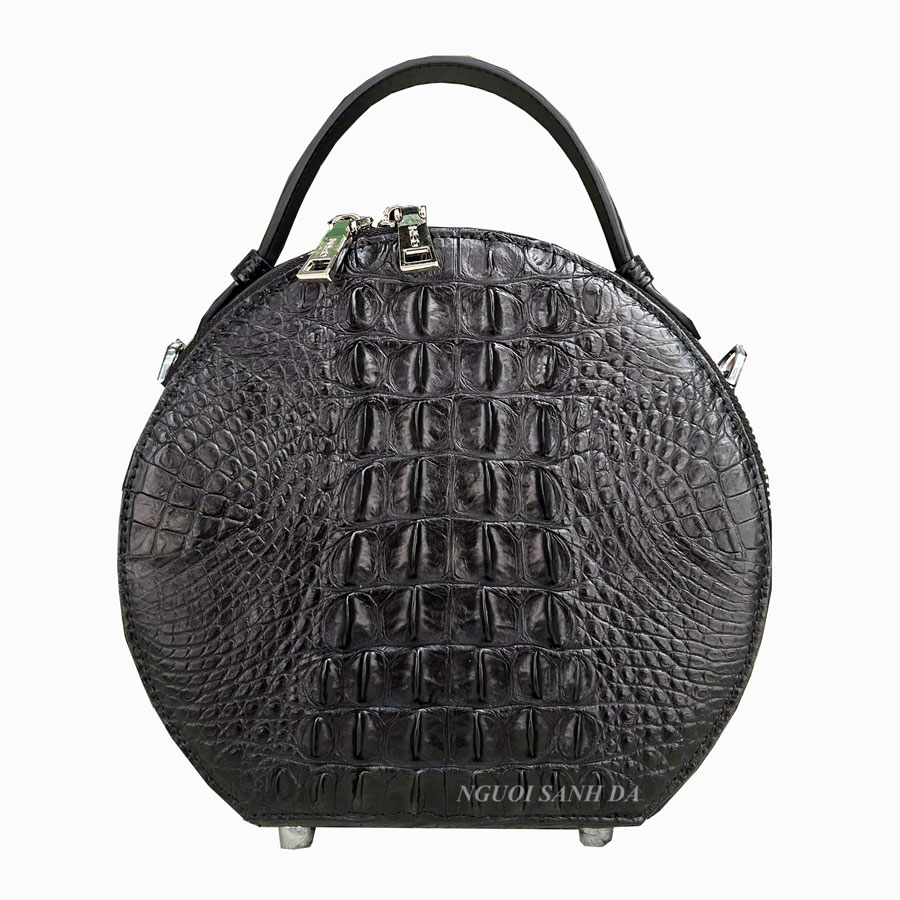 Túi tròn da cá sấu gai màu đen