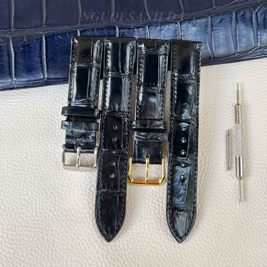 Dây đồng hồ da cá sấu vân bụng màu đen