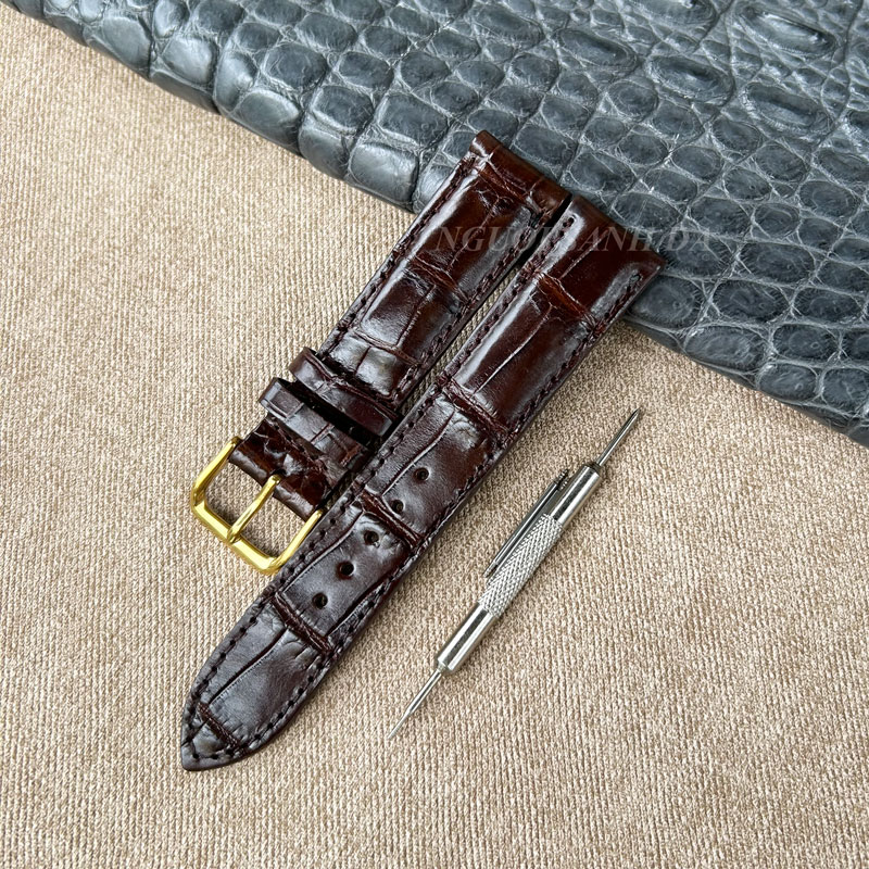 Dây đồng hồ da cá sấu vân đốt tre màu nâu